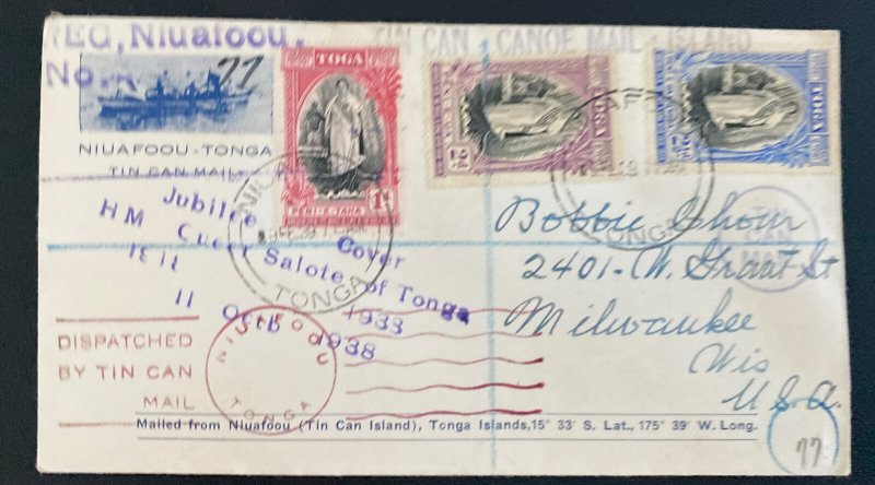 1939 Niuafoou Tonga Toga Islands Tin Can Mail Cover To Milwaukee WI USA Jubilee