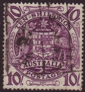 Australia 1949 Sc#219. SG#224b 10 Shilling Purple Coat of Arms USED.