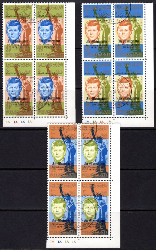 Sharjah 1965 Mi#143/145 KENNEDY OVPT.CHURCHILL/STATUE OF LIBERTY Block of 4 USED