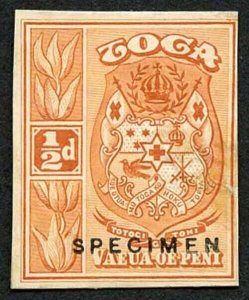 Tonga SG55var 1920 1/2d Sample proof (1922 ca.) mounted on card