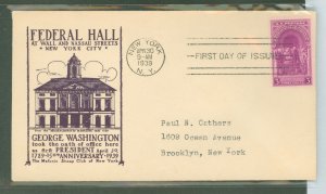 US 854 1939 Washington Inauguration, 150th Anniv. on an addressed (typed) FDC w/ a masonic stamp club cachet