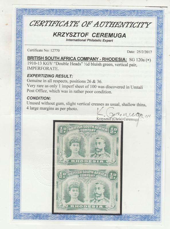 RHODESIA 1910 KGV DOUBLE HEAD 1/2D EXTREMELY RARE IMPERF PAIR WITH CERTIFICATE
