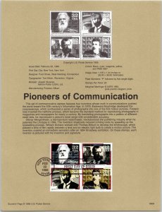 USPS SOUVENIR PAGE PIONEERS OF COMMUNICATION SETENANT BLOCK OF (4) 1996