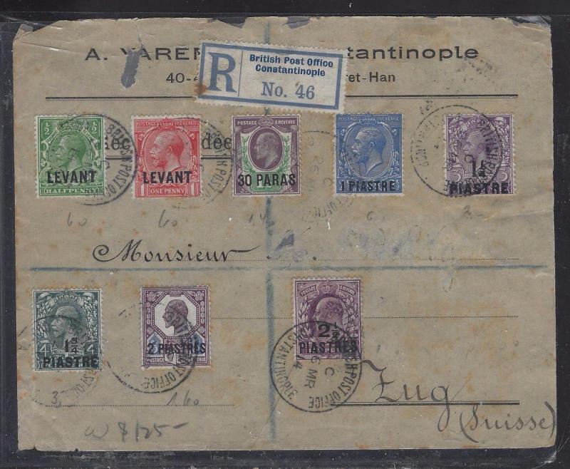 BRITISH LEVANT OFFICES IN TURKEY (P1410B) 1914 KE+KGV 8 STAMPS REG TO SWITZERLAN