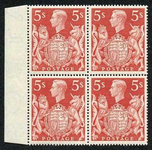 SG477 1939 Square High Value 5/- Red BLOCK of 4 (3 x u/m)