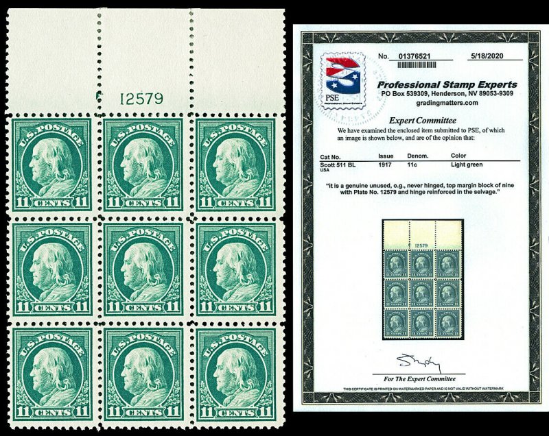 Scott 511 1917 11c Franklin Issue Mint Plate Block of 9 NH with PSE CERTIFICATE
