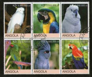 Angola 2000 Birds Parrot Macau Kakatoo Setenant BLK/6 Cancelled # 13502