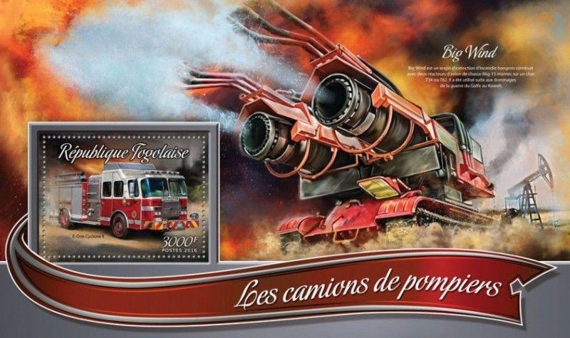 Togo - 2016 Fire Trucks on Stamps - Stamp Souvenir Sheet - TG16305b