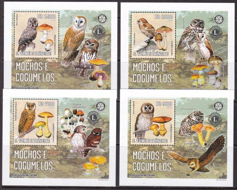 Sao Tome and Principe, Fauna, Birds, Owls, Mushrooms LUX S/S MNH / 2006