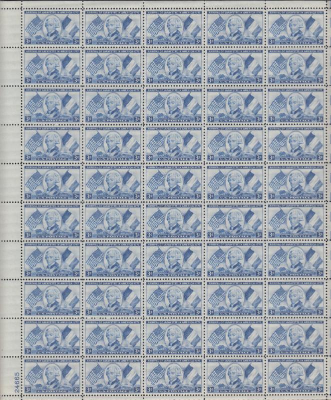 US #1010   Lafayette Arrival   Full sheet of 50  MNH