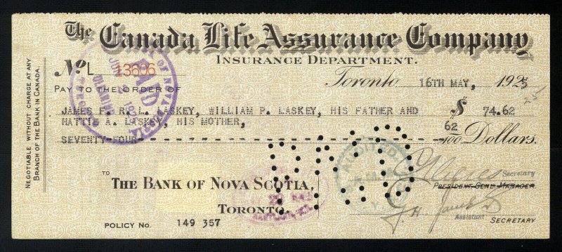C19 Canada Life Assurance Co. bank draft, 1925 revenue stamp Van Dam #FX39