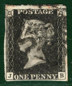 GB ONE PENNY BLACK 1840 QV Stamp SG.2 1d Plate 8 (JB) Used MX Cat £525- LRED69