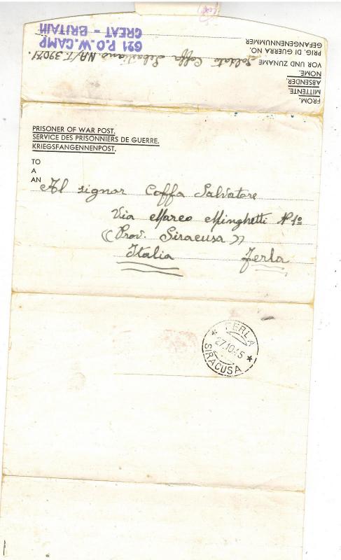 1945 Postwar Letter Cover POW Camp 621 England to Italy Prisoner of war