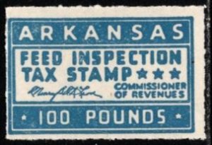 Vintage Arkansas State Revenue 100 lbs. Feeding Inspection Tax Stamp Paid MNH
