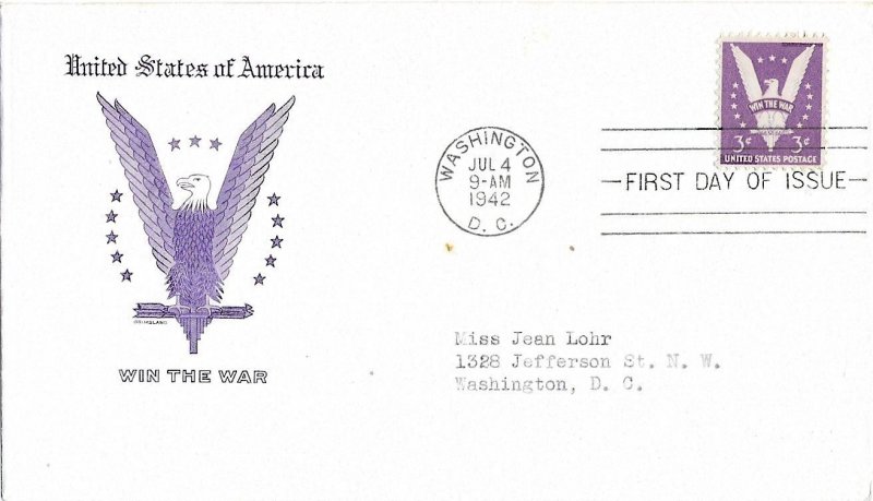 1942 FDC, #905, 3c Win the War, Grimsland