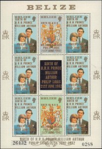 Belize #662-664, Complete Set, Shts of 6 + Labels, 1982, Royalty, Never Hinged
