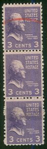 US #807 3¢ Jefferson, DOUBLE PAPER var 3-strip, red Rejection mark on front, VF