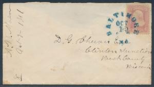 #64 ON COVER WITH BLUE TOWN CANCEL BALTIMORE TO WISCONSIN CV $950 BR5216