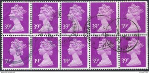 GREAT BRITAIN 1991 QEII 39p x 10 Block, Violet Machin SGX991 Used