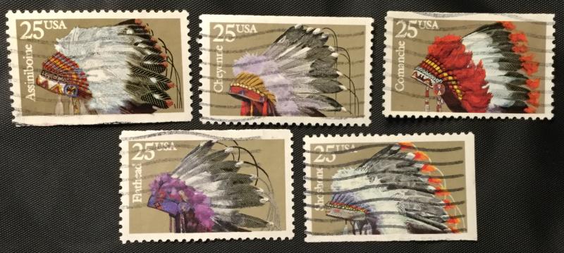 US #2501-2505 Used Booklet Singles (5) Indian Headdresses SCV $1.00 L3