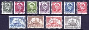 GREENLAND — SCOTT 28-38 — 1950-60 FREDERIK IX & SHIP SET — USED — SCV $28.45