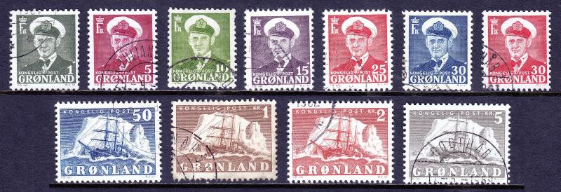 GREENLAND — SCOTT 28-38 — 1950-60 FREDERIK IX & SHIP SET — USED — SCV $28.45