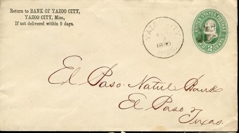 US BANK OF YAZOO CITY, MISS 9/2/90 PS COVER TO EL PASO, TX 5/5/1890 AS SHOWN