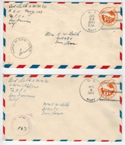 WW2 Patriotic 1943 MILITARY MAIL SET OF 2 US NAVY & DIFFERENT COLOR CENSOR SEALS 