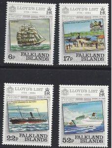 Falkland Is. #404-7 MNH set, Lloyd's list, various ships, issued 1984