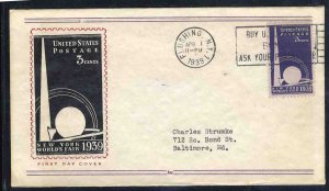 United States First Day Covers #853-6c, 1939 3c NY World's Fair, Fidelity cac...