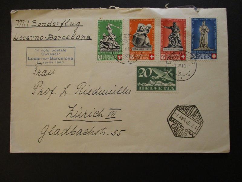 1940 Switzerland Locarno to Barcelona First Flight Airmail Multi Franking Cover