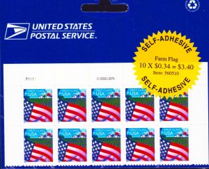 3448 FLAG OVER FARM Double PLATE #'s BLOCK OF 10 (34¢) USPS Sealed Pack