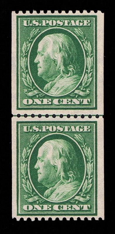 GENUINE SCOTT #385 MINT OG 1910 GREEN COIL LINE PAIR SCV $450 - ESTATE CLOSE OUT