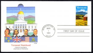 USA Sc# 2533 (Fleetwood) FDC (a) (Bennington, VT) 1991 3.1 Vermont Statehood