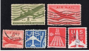 US 1941-71 Range of 6 Airmails, Scott C26, C32-C33, C51, C73, C82 used