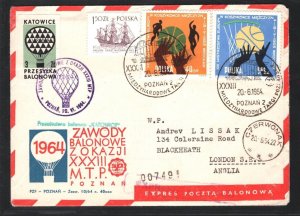 POLAND *BALLOON MAIL* Cover Poznań *KATOWICE* GB London Air Mail 1964 MA1480