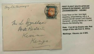 1937 Johannesburg South Africa First Flight Cover FFC To Kisumu Kenya SAA