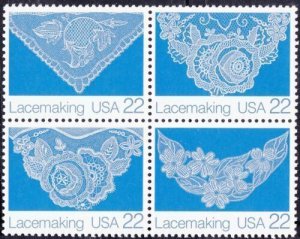 1987 Lacemaking Block Of 4 22c Postage Stamps, Sc# 2351-2354, MNH, OG