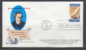 US Sc 2360 FDC. 1987 22c US Constitution, Fluegel Patrick Henry cachet, fresh