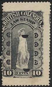 CANADA British Columbia 1888 10c Used Law Stamp Revenue, VD BCL-1