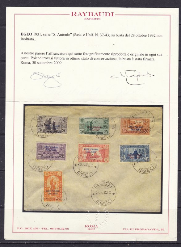 Aegean Islands Scott 12-18, 1931 St. Anthony on cover, Raybaudi Cert. Scott $525