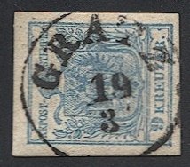 AUSTRIA 1850 9kr Sc 5 LIGHT BLUE MP, Type IIIa Used Bullseye GRATZ postmark