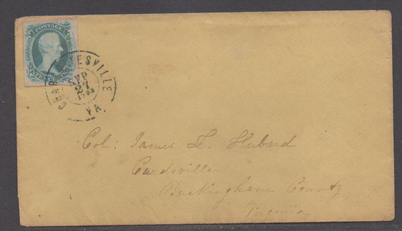 **CSA Cover, SC# 9, Charlottesville, VA, 9/27/1863, Ten Cents Col. Hubard