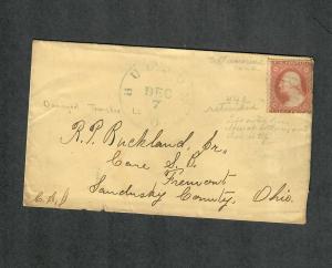 US Sc#26 Cover Pos 44e Ultramarine Hudson Ohio Cancel