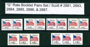 US Scott # 2881v, 2883, 2884, 2885, 2886, & 2887 G rate MNH Booklet Pairs