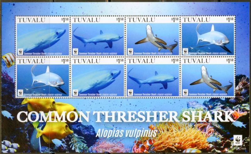 TUVALU  2016 COMMON  THRESHER SHARK WWF  SHEET OF EIGHT  MINT NH 