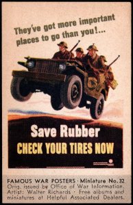 1943 US Poster Stamp Famous War Poster Miniature Save Rubber Check Your Tire Now