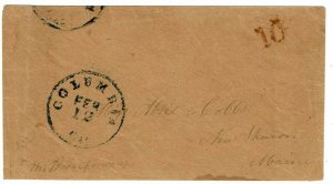 1850's Columbia, CA cancel on cover to New Sharon, MA, red 10 handstamp