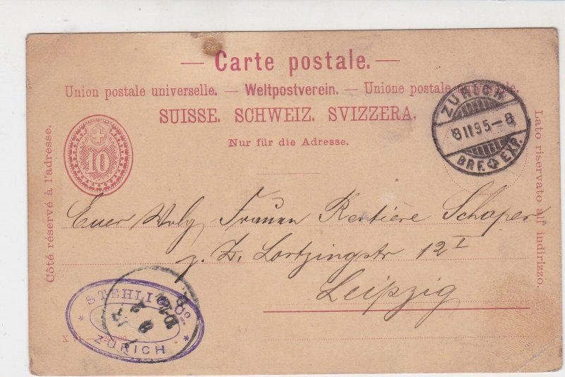 Switzerland 1895 Zurich Cancel to Leipzig Stamps Postcard Ref 30571 