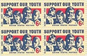 1968 Support our Youth Block of 4 6c Postage Stamps, Sc#1342, MNH, OG